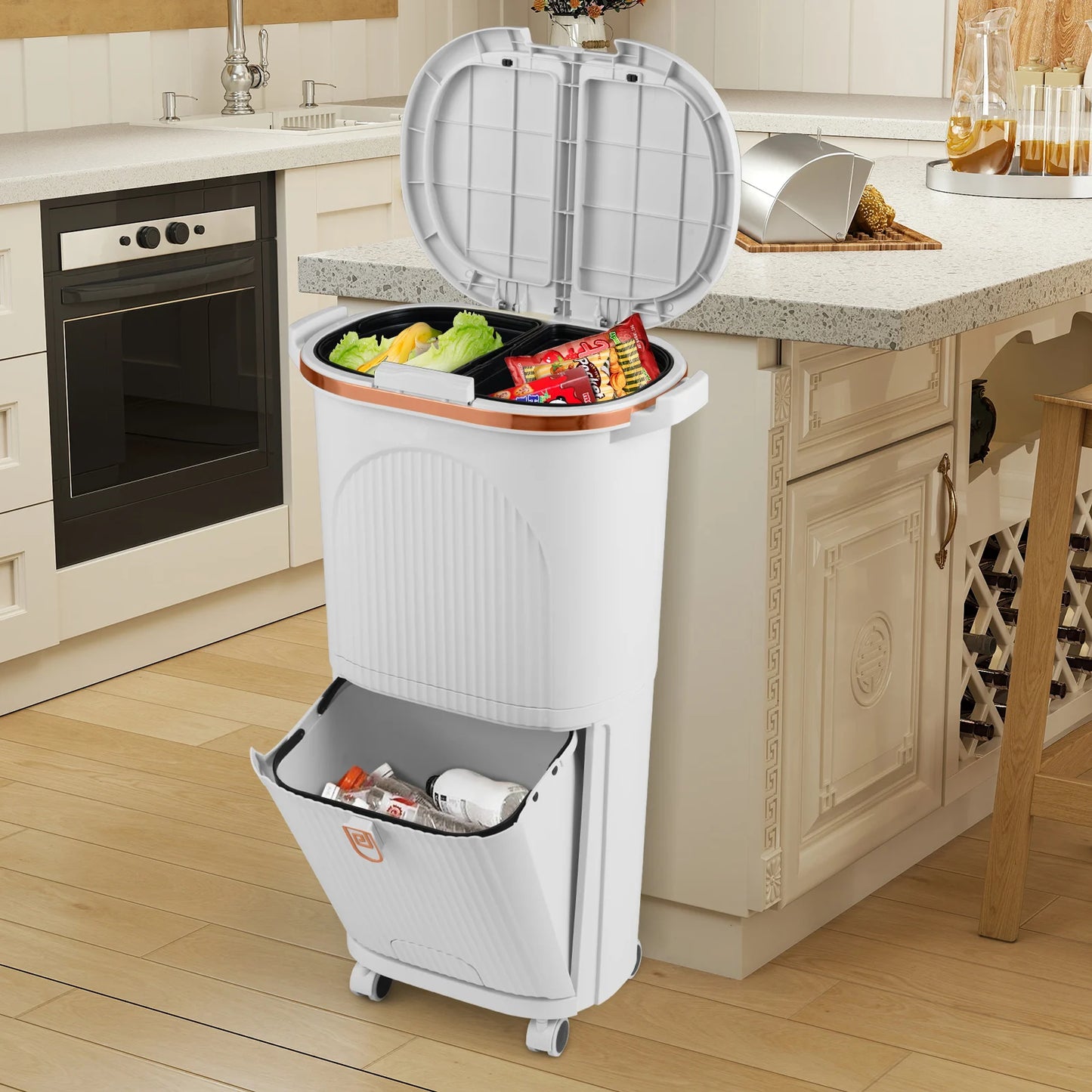 38L Kitchen Trash Can Sorting Garbage Bin with Lids 2 Detachable Buckets-Beige