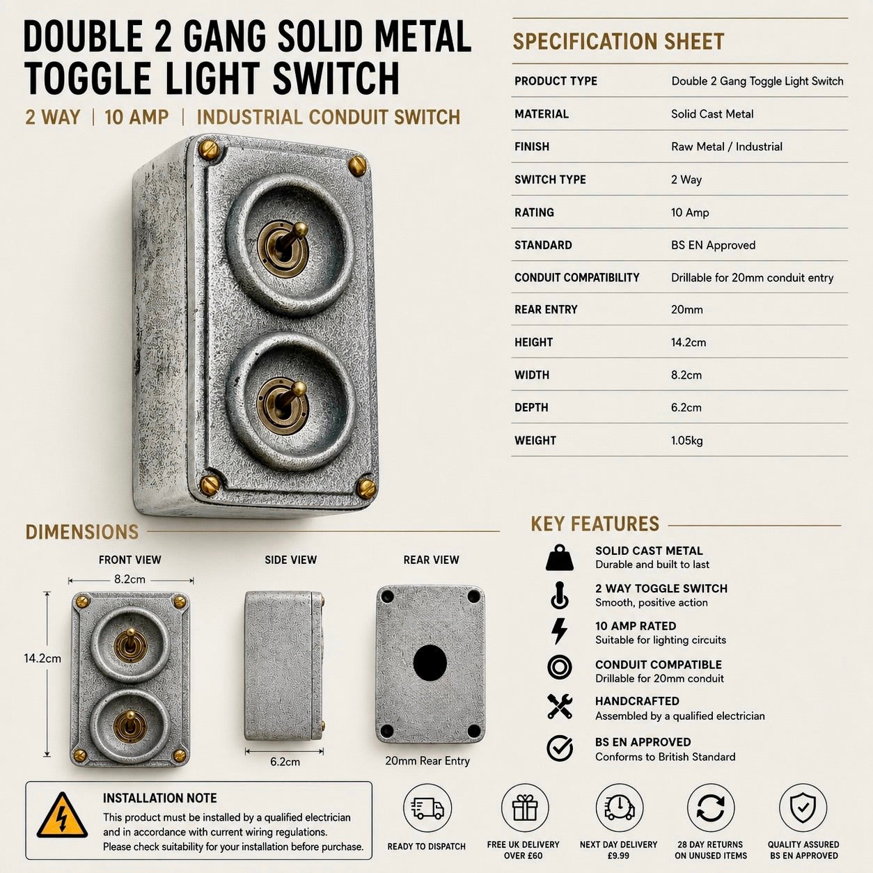 Double 2 Gang Cast Metal Toggle Light Switch | Industrial 2 Way