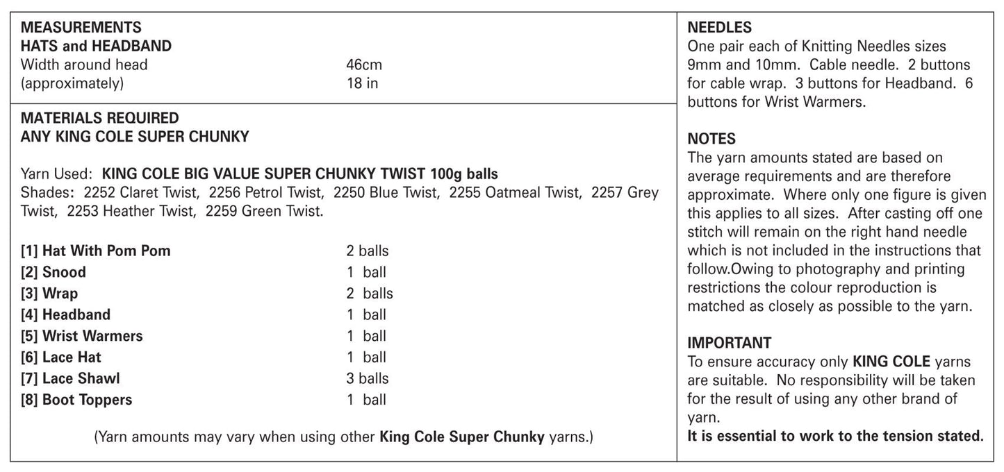 King Cole 4617 Knitting Pattern Womens Accessories in King Cole Big Value Super Chunky Twist