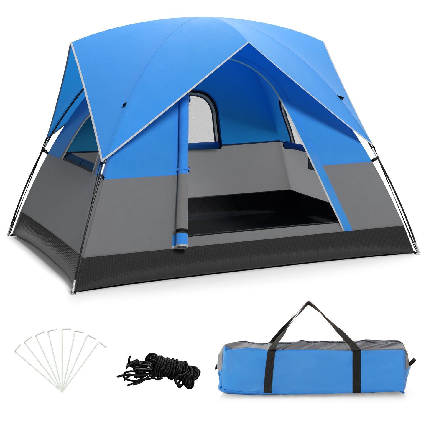 3-Person Outdoor Camping Tent with Removable Floor Mat-Black & Blue