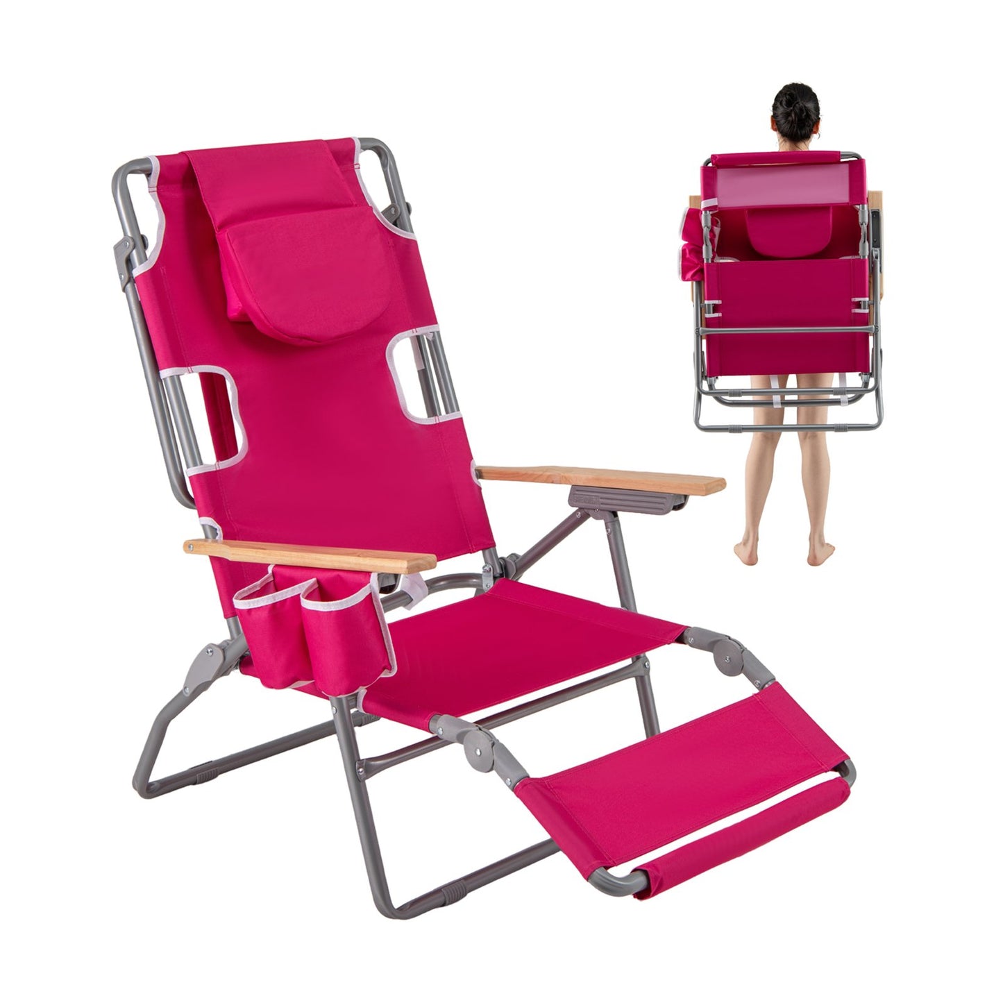 3-IN-1 Foldable Beach Chair Lay-Flat Tanning Chair with Face Hole-Beige