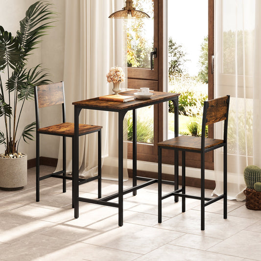 3 Piece Bar Table Set with Pub Dining Table and 2 Bar Stoolsfor Small Space-Brown