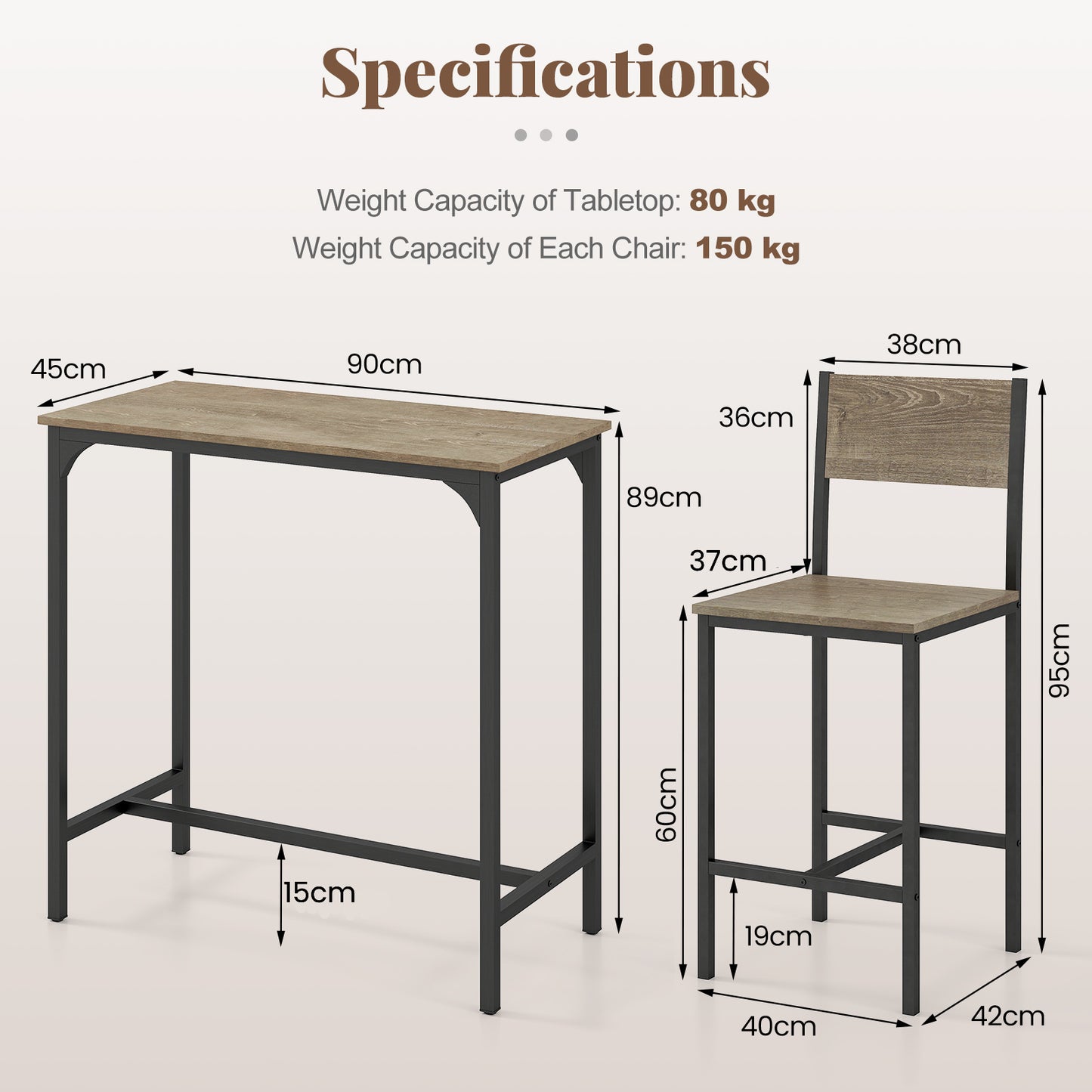 3 Piece Bar Table Set with Pub Dining Table and 2 Bar Stoolsfor Small Space-Brown