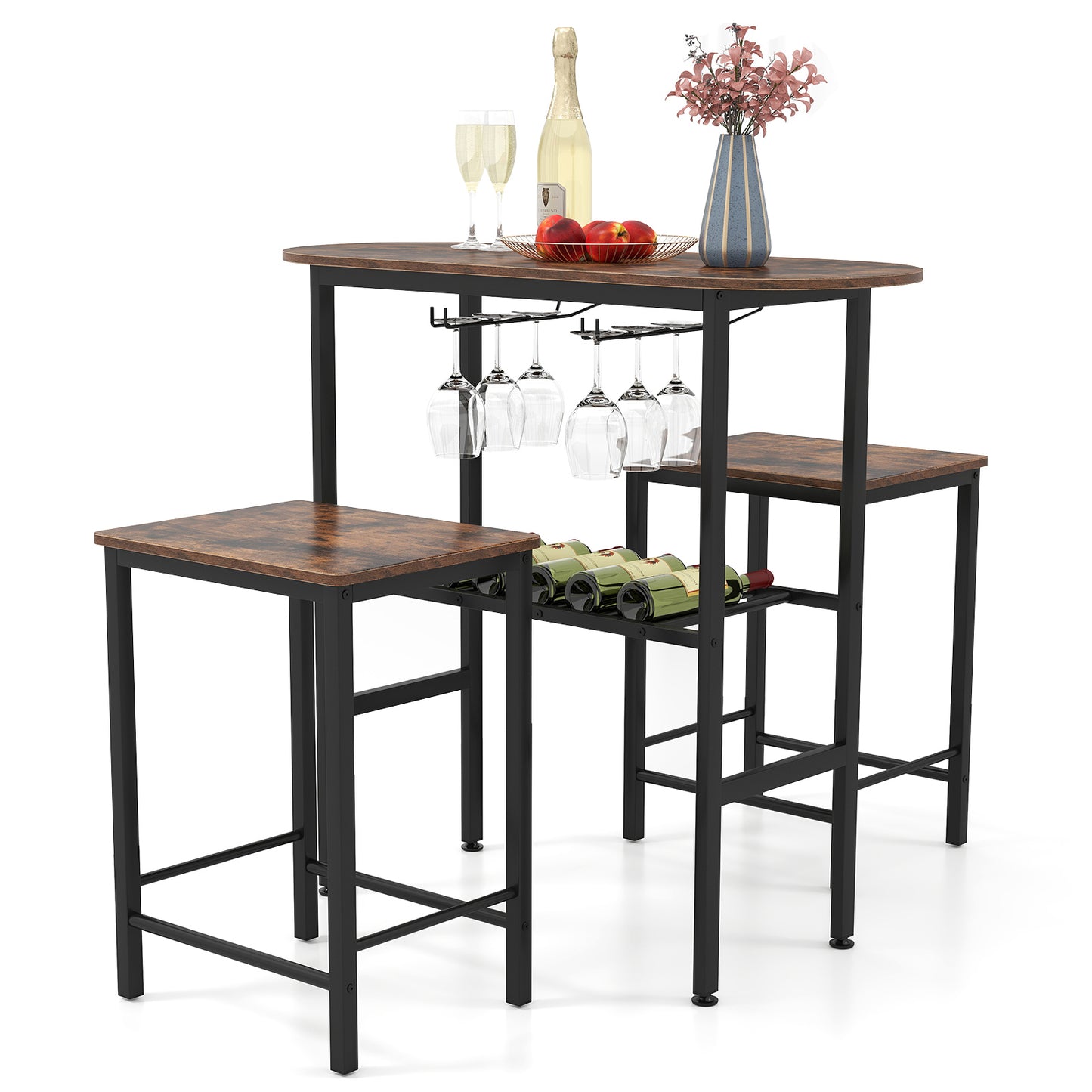 3 Piece Counter Height Table Set Oval Dining Table and 2 Stools-Rustic Brown
