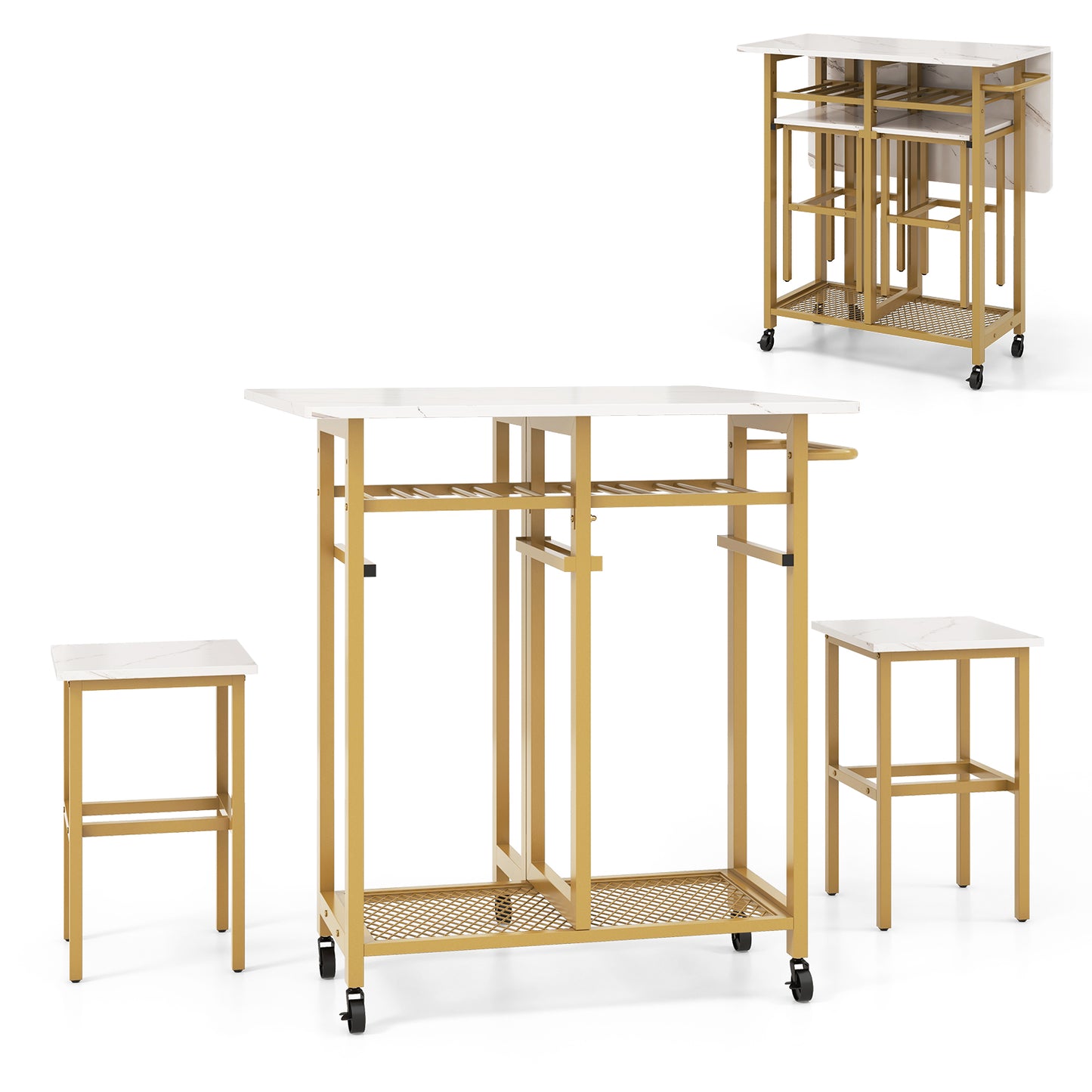 3 Pieces Extendable Dining Table Set with 6-Bottle Wine Rack-Brown