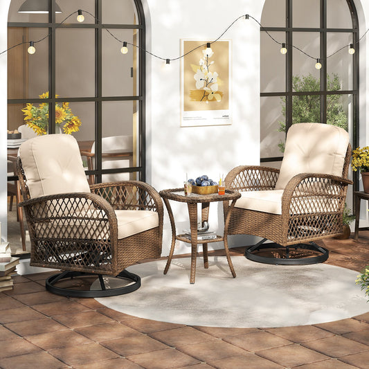3 Pieces Outdoor Patio Furniture Set with Table and 2 Swivel Rocking Chairs-Brown