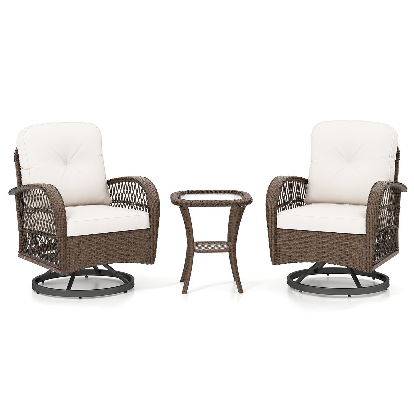 3 Pieces Outdoor Patio Furniture Set with Table and 2 Swivel Rocking Chairs-Brown