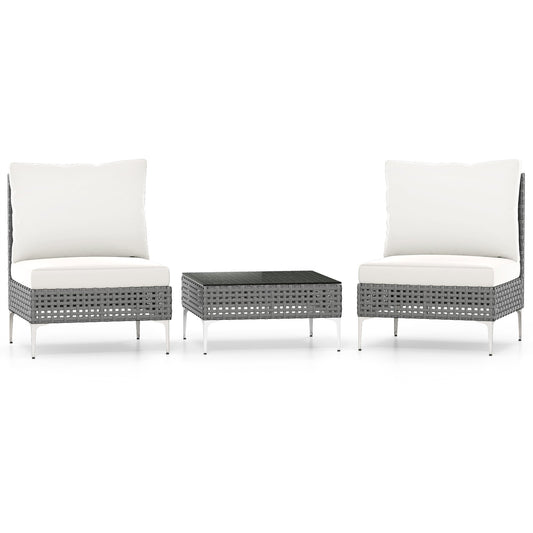 3 Pieces PE Rattan Conversation Chairs with Tempered Glass Coffee Table for Garden Porch-Grey