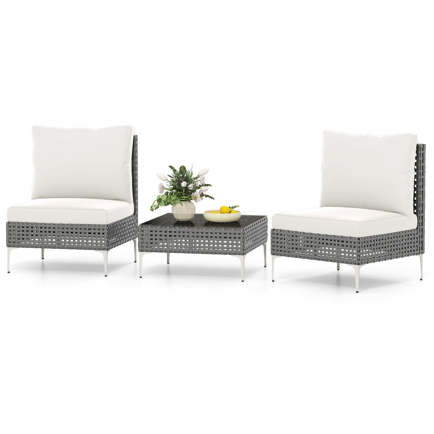 3 Pieces PE Rattan Conversation Chairs with Tempered Glass Coffee Table for Garden Porch-Grey