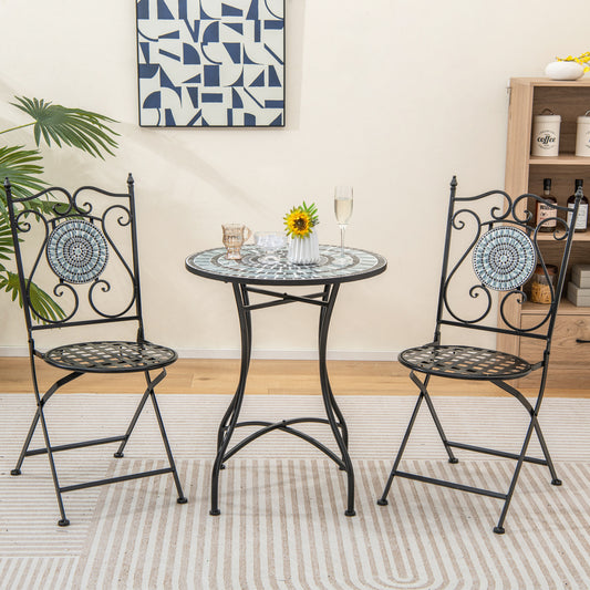 3 Pieces Patio Bistro Set Mosaic Pattern Metal Dining Set Folding