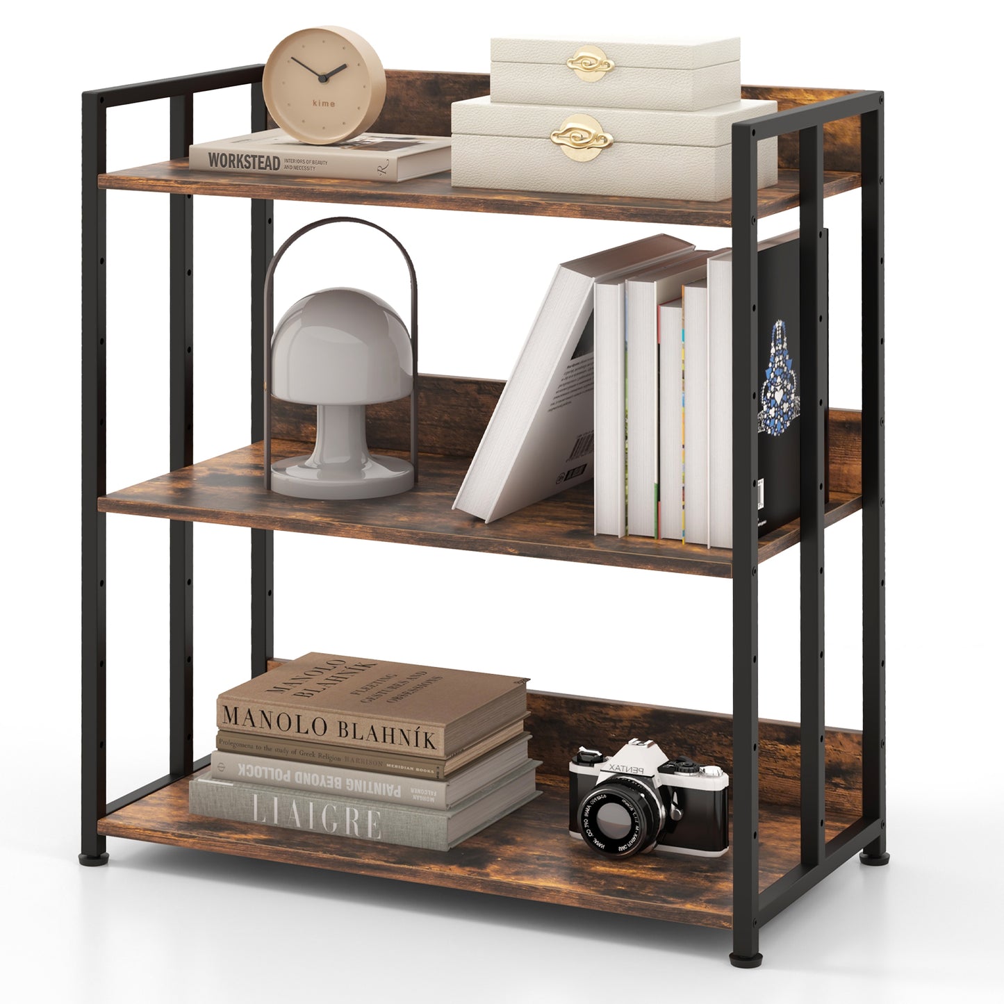 3-Tier Bookshelf with Adjustable Shelves and Metal Frame-Grey