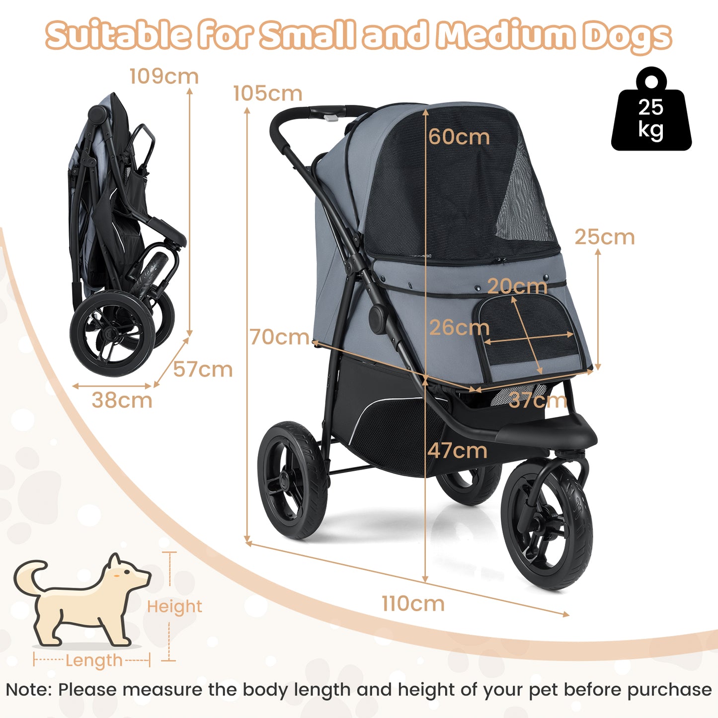 3-Wheel Pet Stroller for Small and Medium Dogs with All-Terrain Wheels-Black
