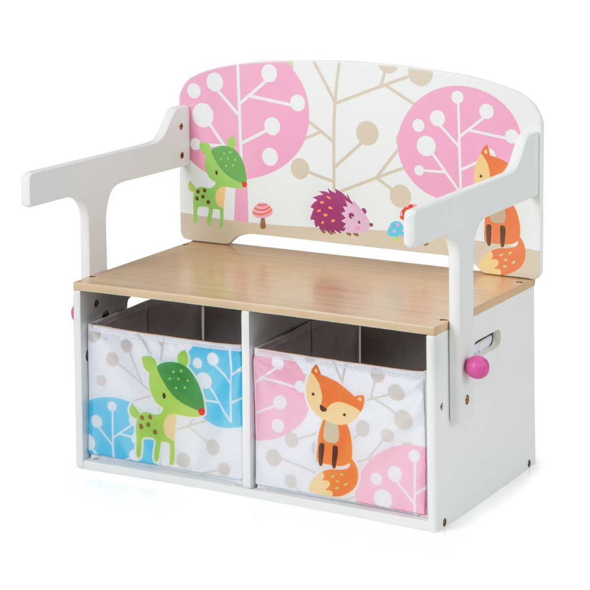 3 in 1 Kids Convertible Activity Bench with 2 Removable Fabric Bins for Drawing Playing-Grey
