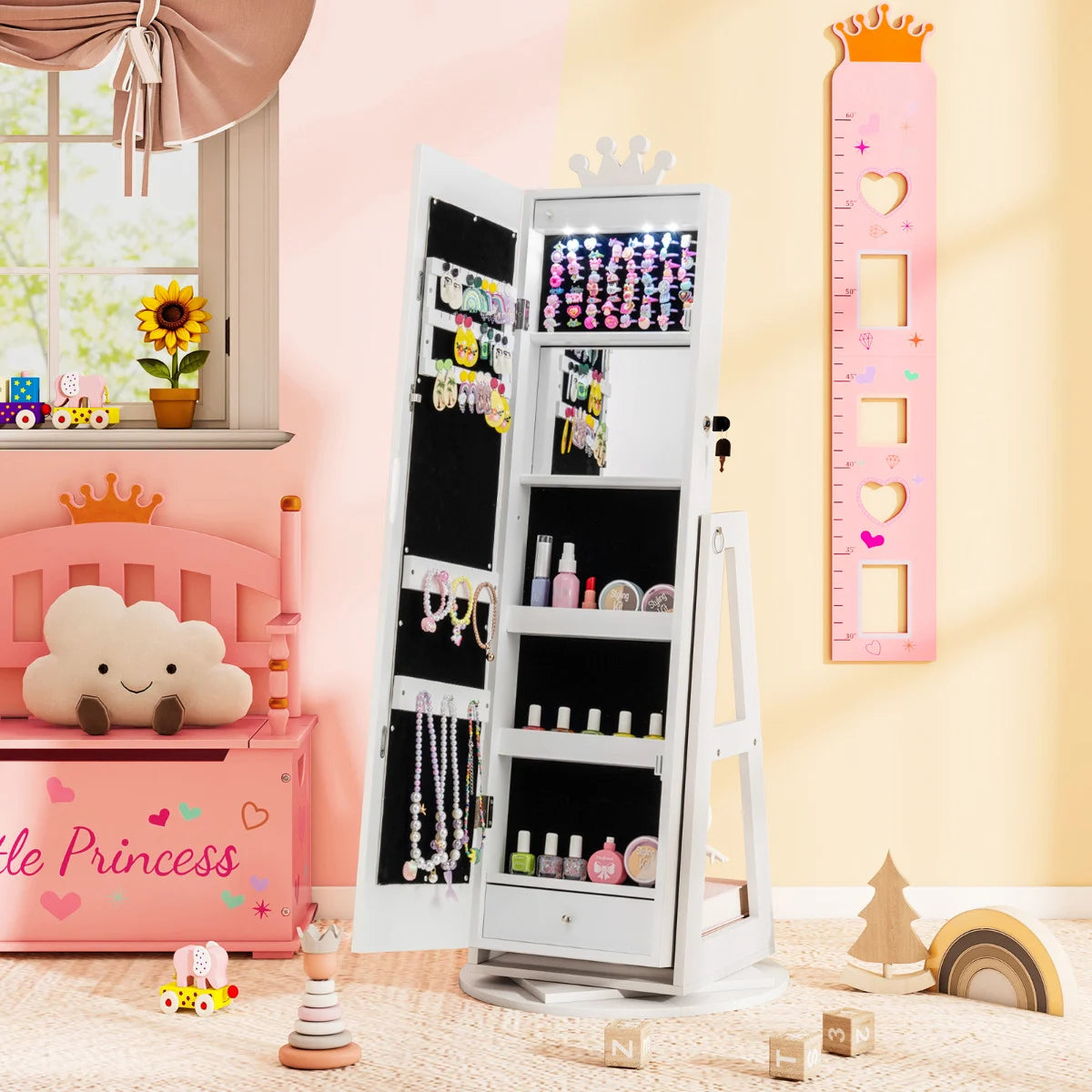 3 In 1 Kids Jewelry Cabinet 360° Swivel Jewelry Armoire with Mirror-Pink