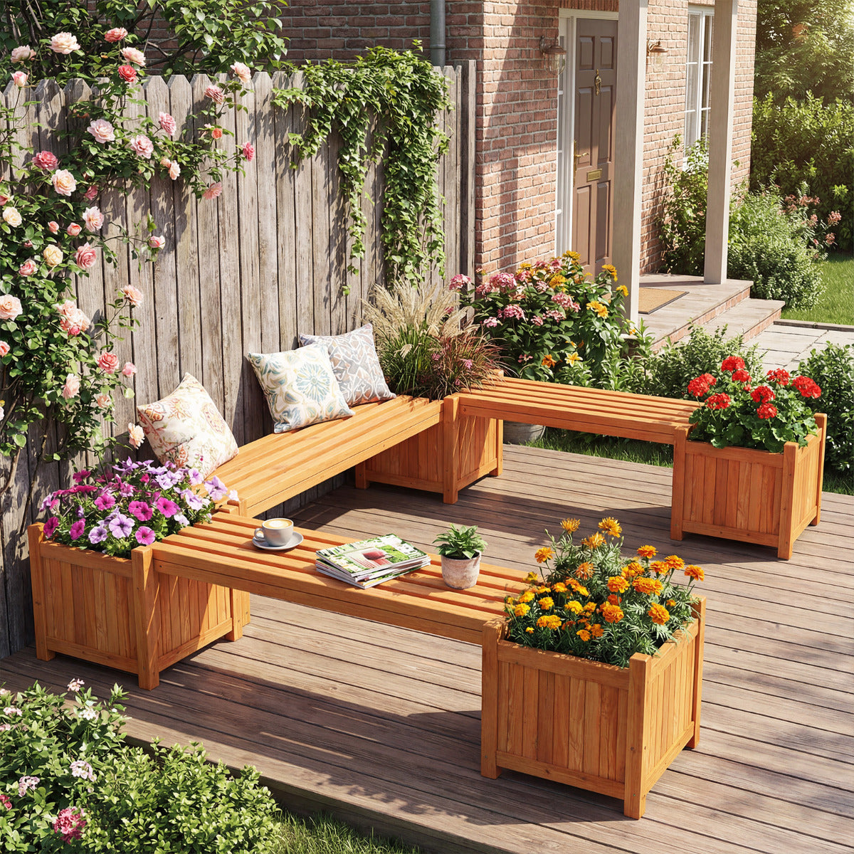 3-in-1 Outdoor Planter Box with Bench and 2 Side Garden Beds-Natural