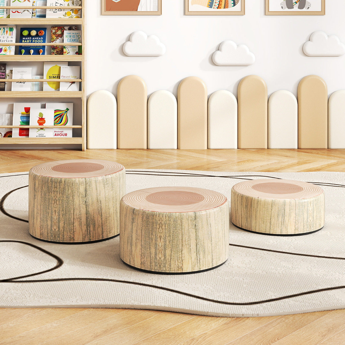 3 PCS Tree Stump Stool Set Round Flexible Seatings-Brown