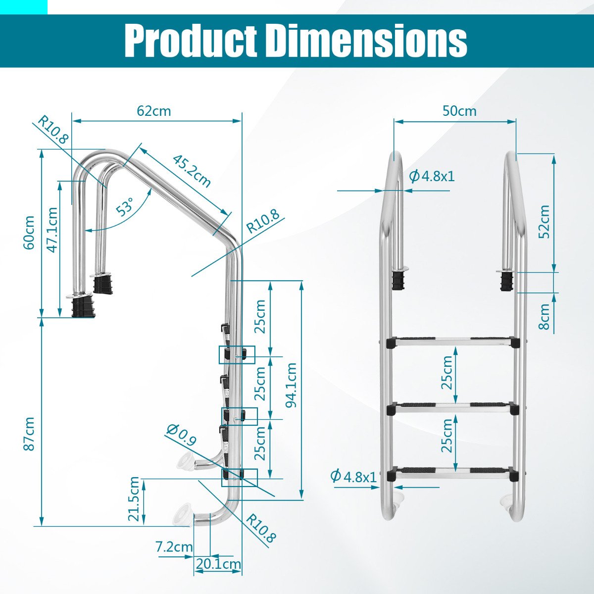 3-Step 304 Stainless Steel Swimming Pool Ladder with Non-slip Steps and Handrails