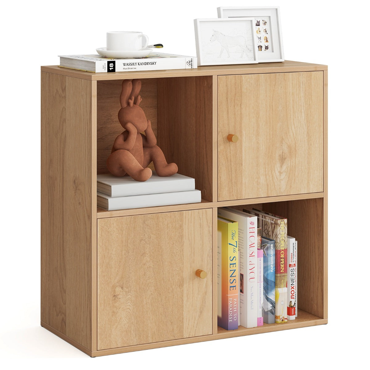 3-Tier Bookshelf with Dual Anti-Tipping Kits and 2 Cabinets-Grey