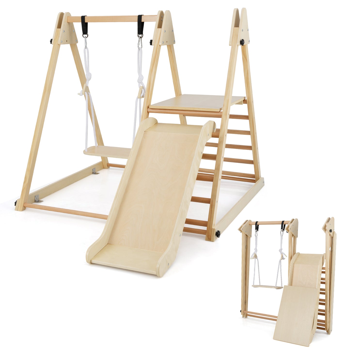 3-in-1 Foldable Indoor Jungle Gym Wooden Climbing Toys with Swing-Multicolor