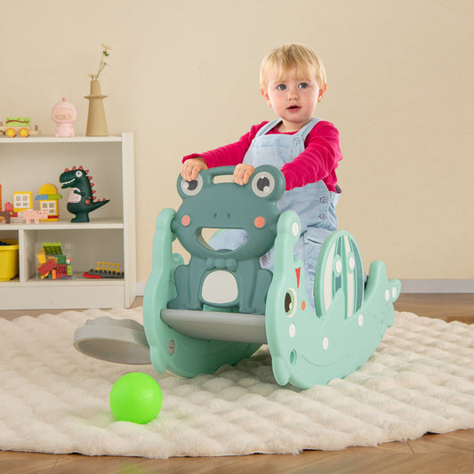 3-in-1 Kids Slide Rocking Horse Set Convertible with Basketball Hoop-Green