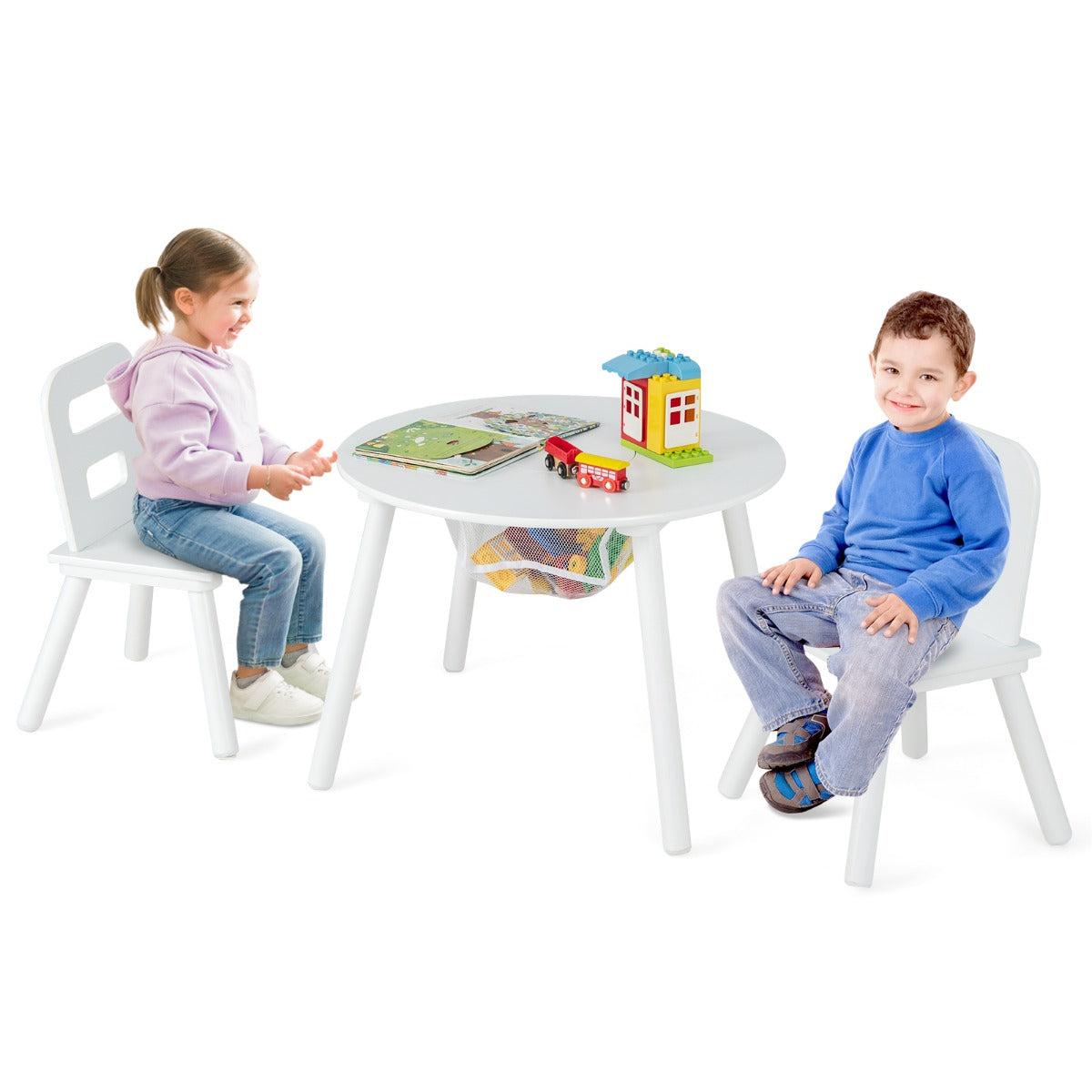 3pcs Wooden Kid's Activity Table Set with Mesh Storage-Blue