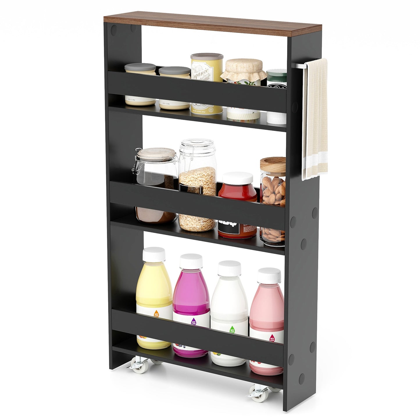 4-Tier Slim Storage Cart with Open Shelves and Wheels-Natural