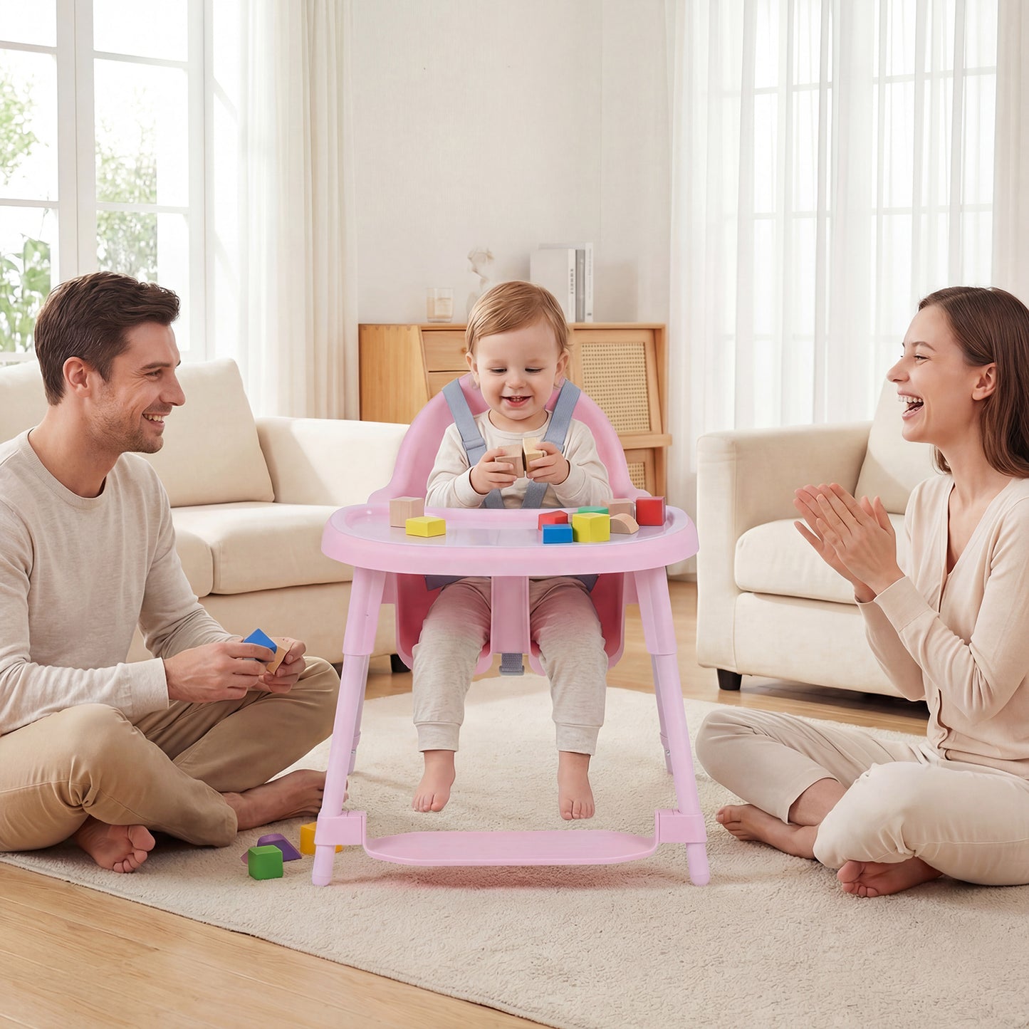 4-in-1 Convertible Baby High Chair with 2 Heights Removable Double Tray-Blue