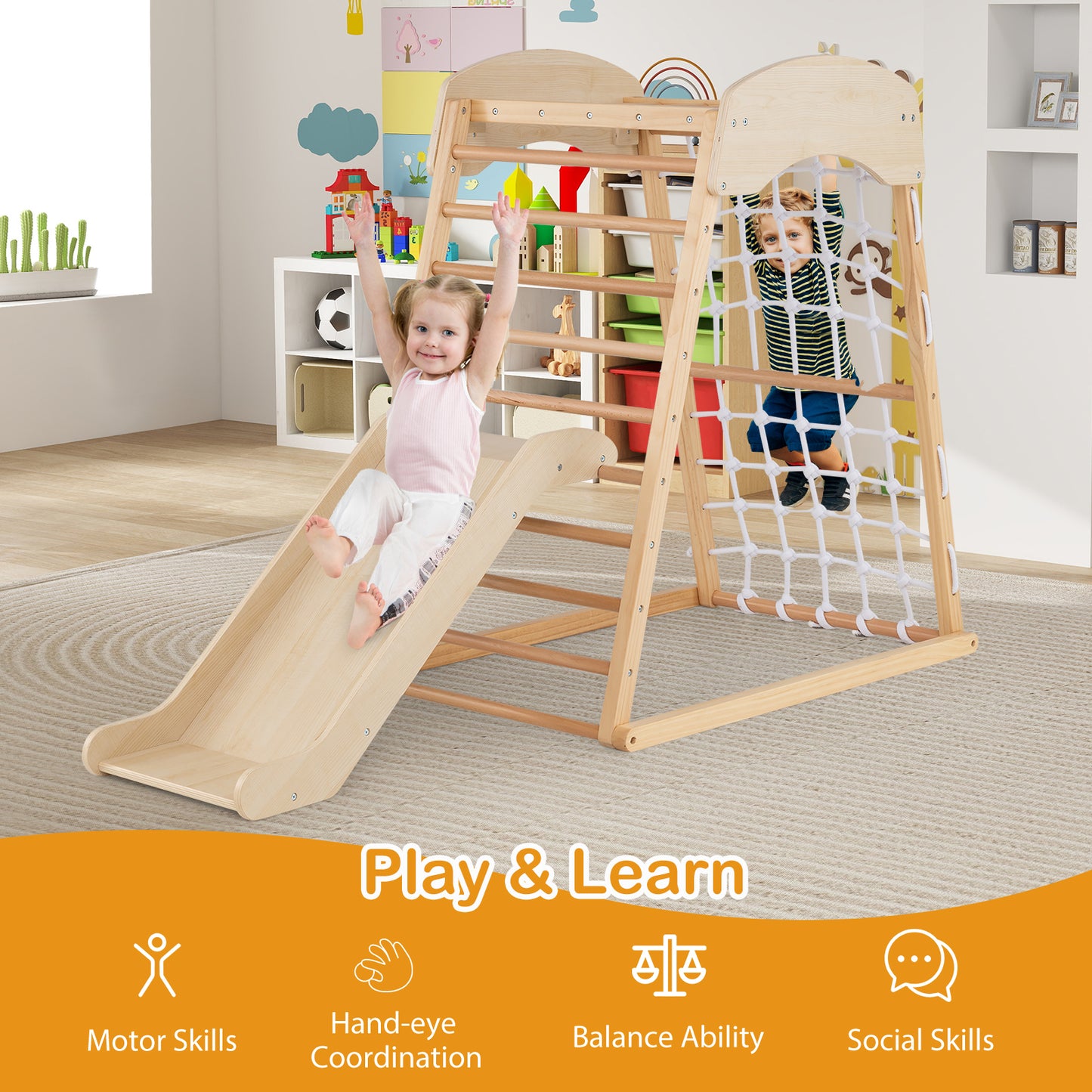 4-in-1 Jungle Gym Wooden Indoor Toddler Playground with Slide-Colourful