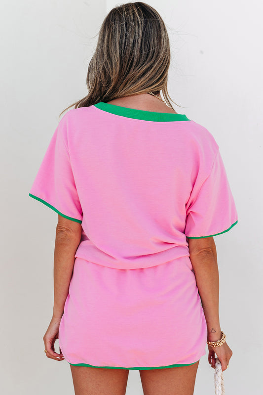 Bonbon Colorblock Edge Drop Shoulder T Shirt and Skort 2Pcs Set
