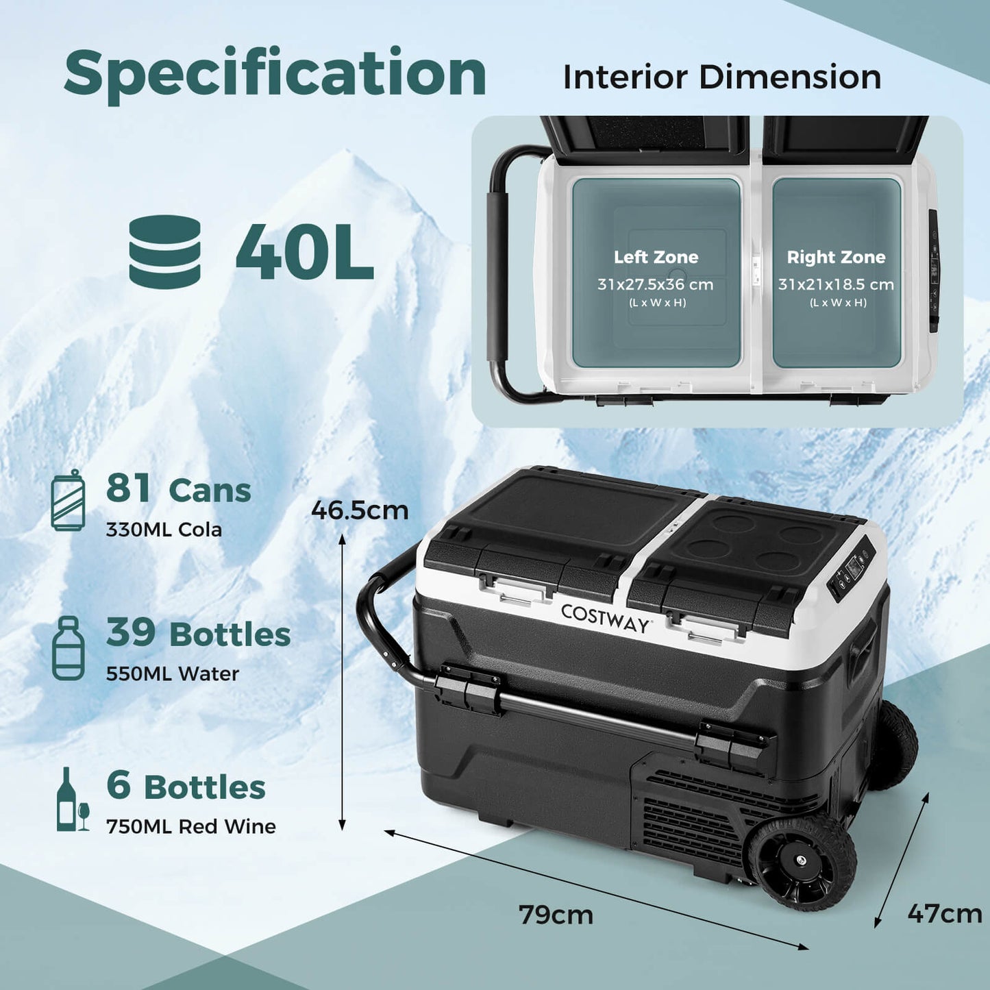 40L Portable Car Refrigerator Dual Zone 12V Compressor Fridge Freezer-Black