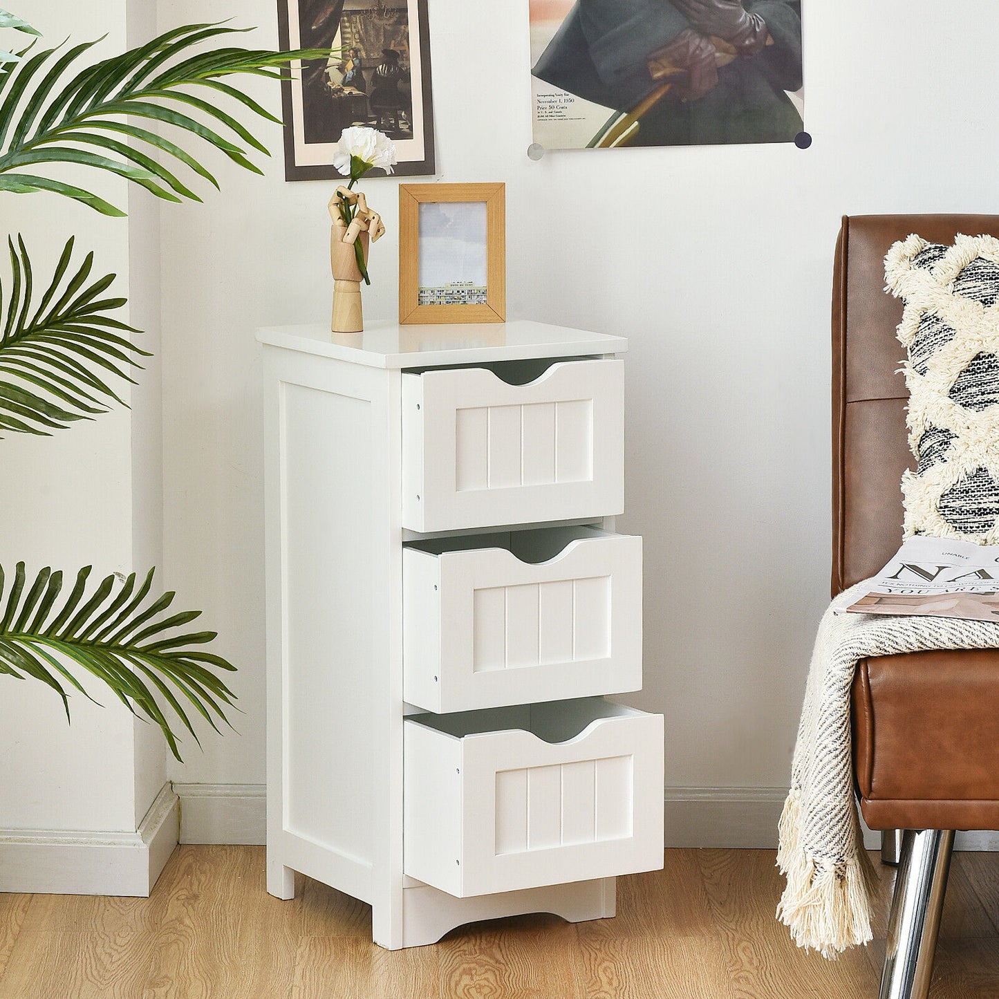 Bathroom Floor Cabinet with 3 Drawers and Cut-Off Handle-Grey