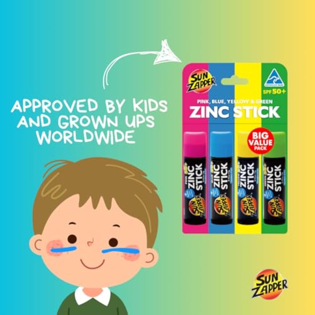 Sun Zapper Zinc Stick - Pink, Blue, Green, Yellow Face Sunblock Rainbow 4-Pack SPF50+ Coloured Zinc Sunscreen Sticks Made in Australia