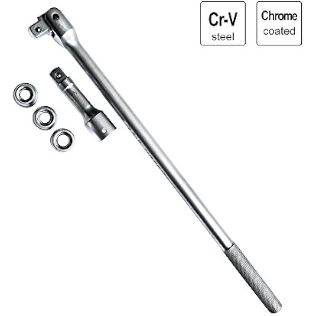S&R Breaker Bar, Flex Socket Drive Handle Set 3/4 Inch with Extension and 3 Sockets 17mm, 19mm, 21mm, Rotary Push Handle 600 mm, Extra Resilient Ø 22 mm Shatterproof - Industrial Quality