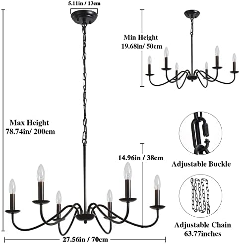 MRHYSWD Black Chandeliers Ceiling Lights Living Room, 6 Lights Pendant Light Fitting Industrial Ceiling Lighting for Kitchen Dining Room Bedroom Hall, Height Adjustable, E14 Bulbs (Exclude)