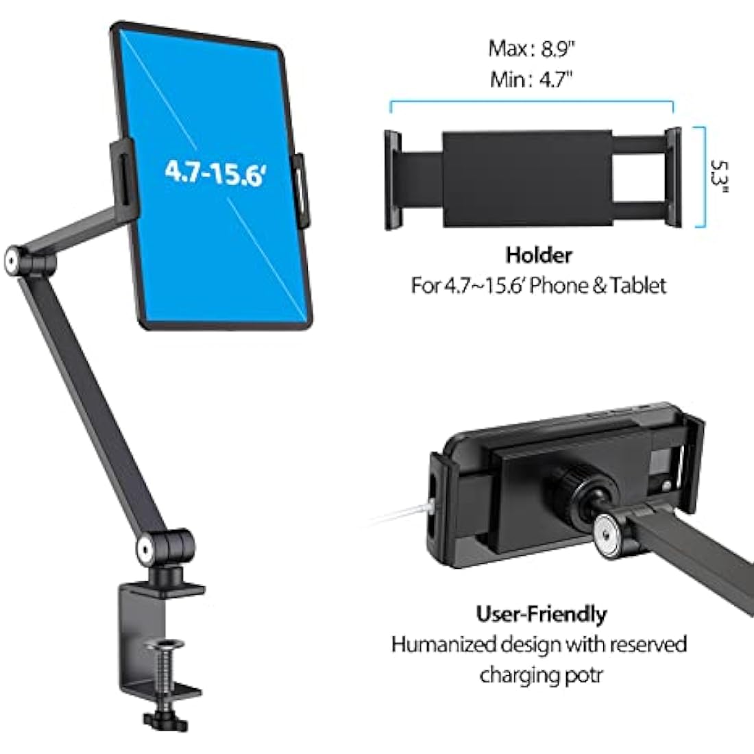 BEWISER iPad Stand Desk Mount for Tablet,Portable Monitor Arm Holder, Aluminium Alloy Clamp Mount Compatible with 1kg 4.7-15.6" Screen Phone,Kindle,Fire HD,Switch (Grey)