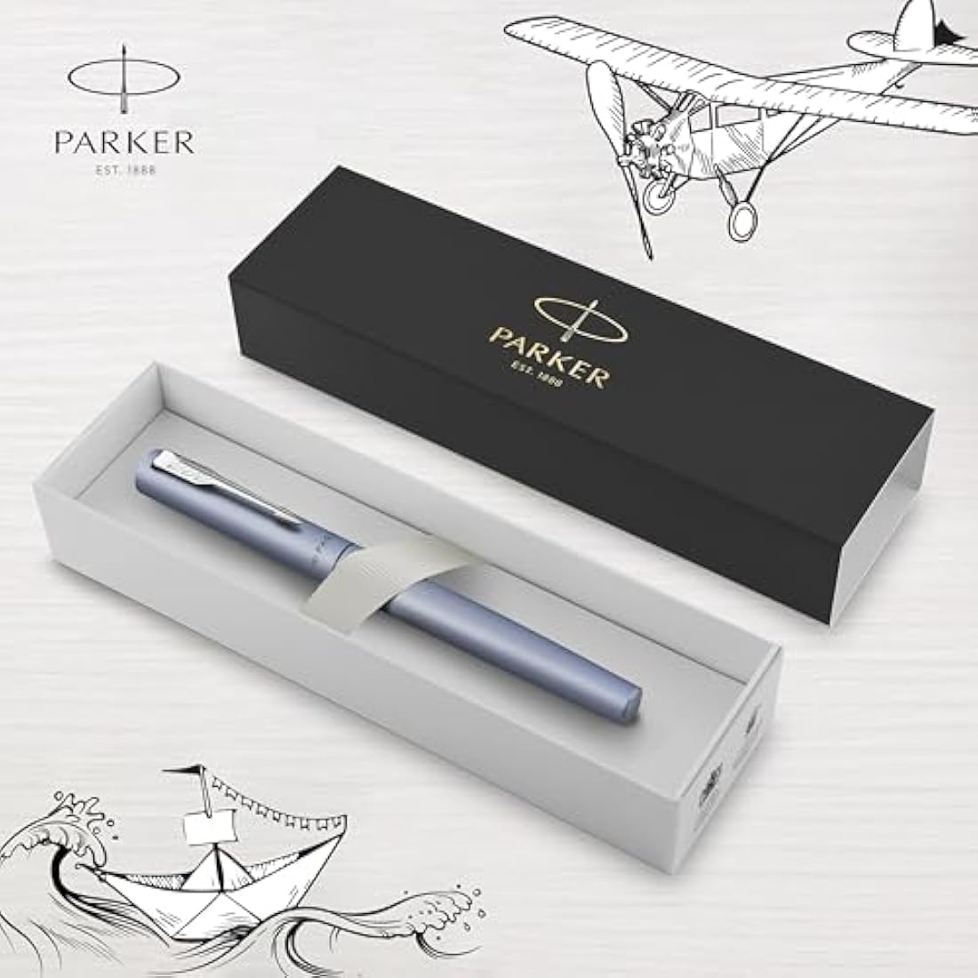 Parker Vector XL Fountain Pen | Metallic Silver-Blue Lacquer on Brass | Medium Nib with Blue Ink Refill | Gift Box