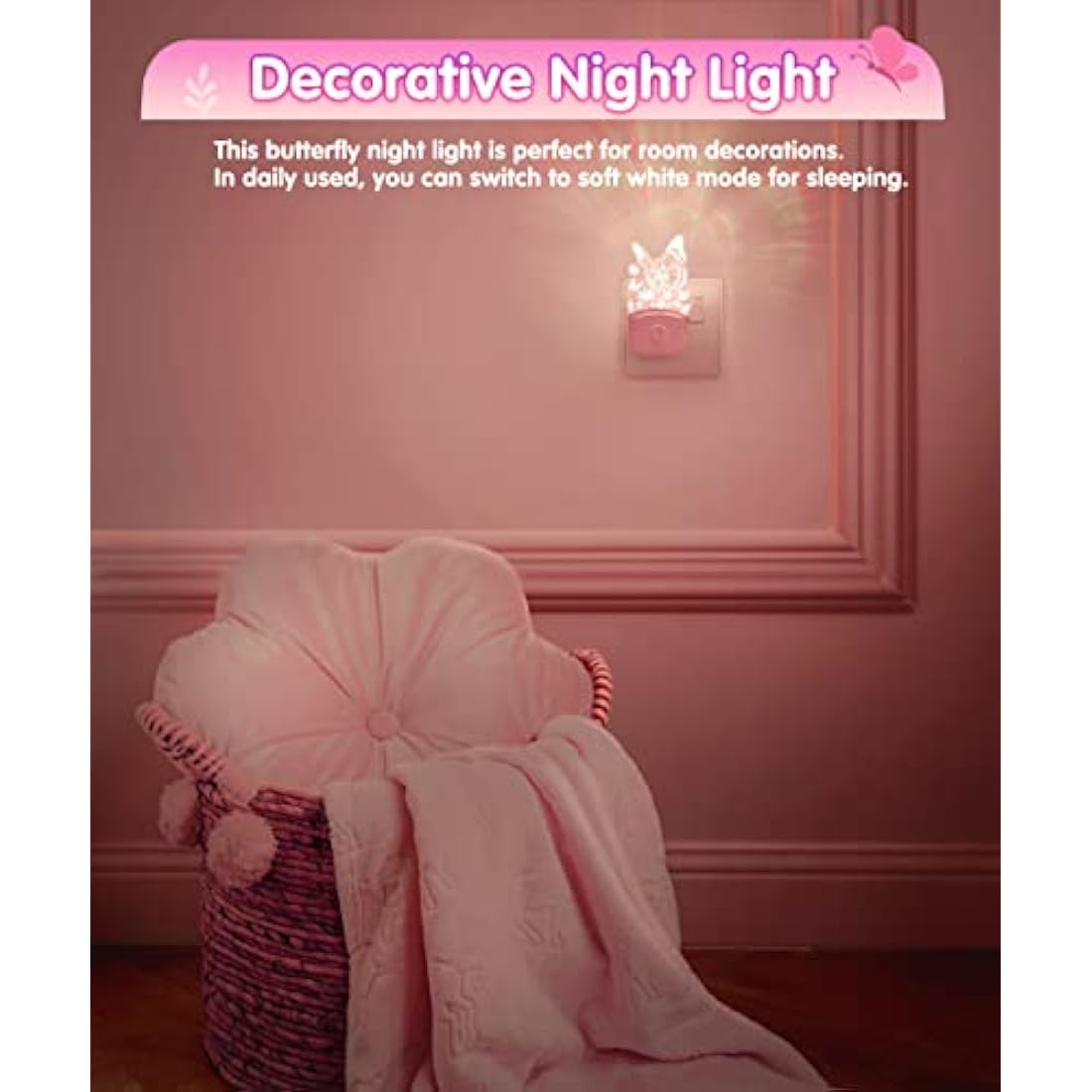 LOHAS-LED Butterfly Night Light for Kids, LOHAS Plug in Night Light, LED Night Light Dusk to Dawn Sensor, RGB + Warm White, 3 Lighting Modes, Gifts for Girls, Kids, Room Decor