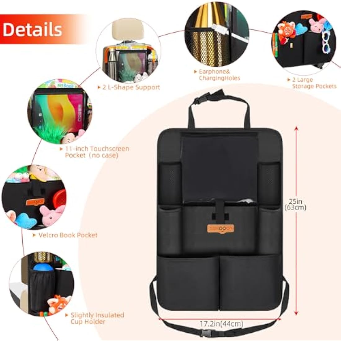 SURDOCA UPGRADED Car Seat Organiser for up to 11-inch Tablet Holder, 8 Pockets, Kids Toy Storage, Water Proof Back Seat Protector for Kids