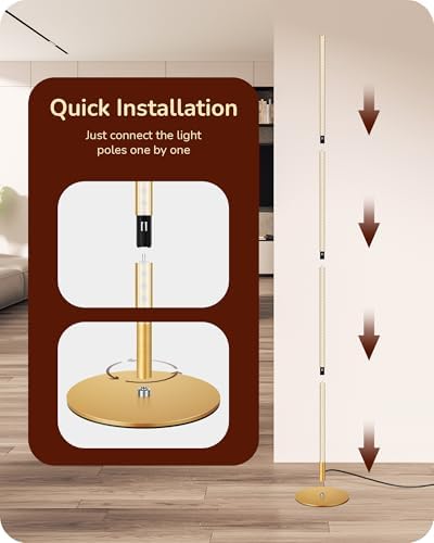 EDISHINE LED Floor Lamp, 146cm Minimalist Dimmable Standing Lamp with Foot Switch, Stepless Dimming, Tall Corner Lamp for Living Room, Bedroom, Office, 3000K, Gold