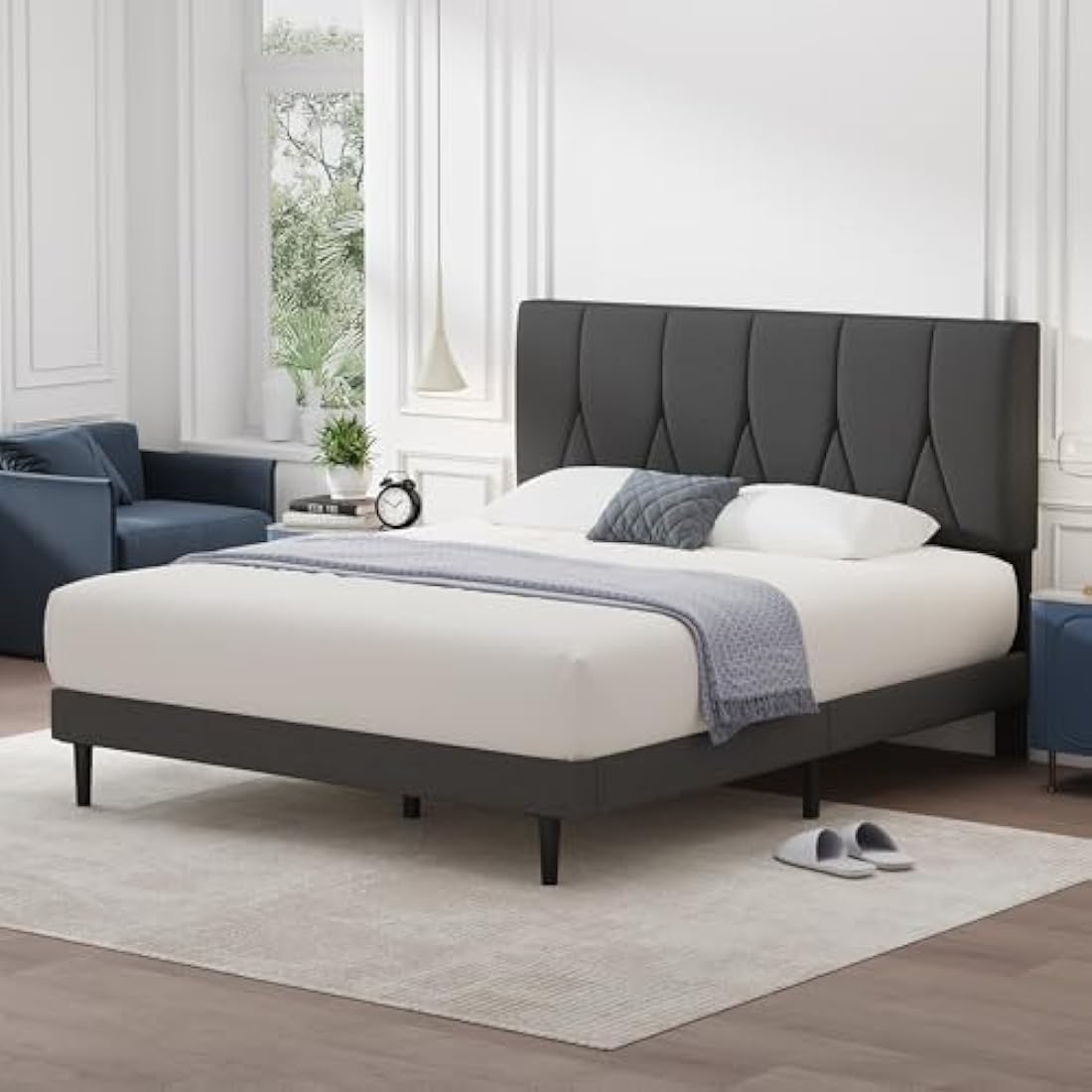 Yocreat Small Double Bed Frame, Dark Grey, Upholstered Wooden Slat Bed Frame with Headboard, Easy Assembly, Underbed Storage, No Box Spring Needed 120×190