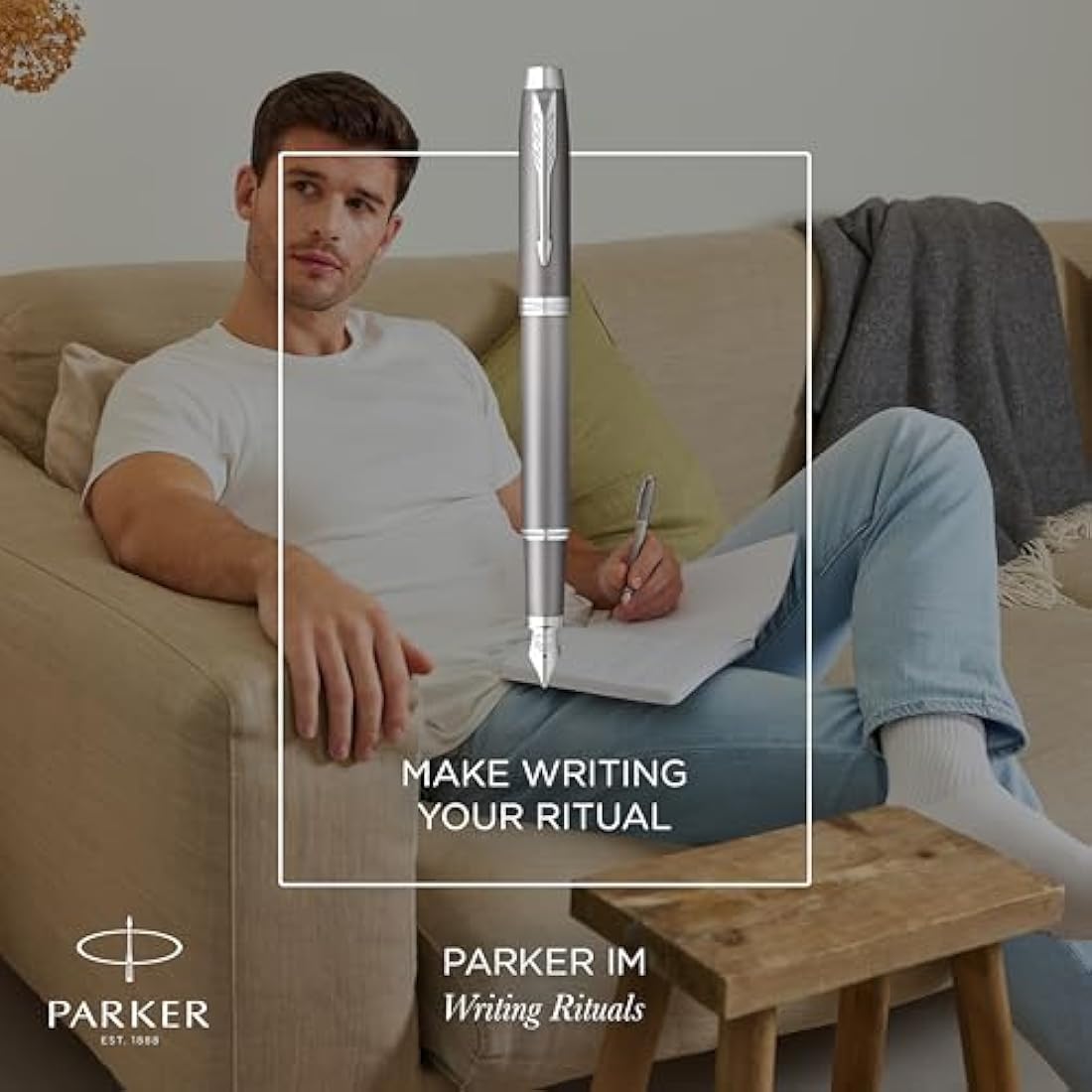 PARKER IM Writing Rituals Fountain Pen, Grey Finish with Gradient, Chrome Trims, Medium Nib, Blue Ink, Gift Box