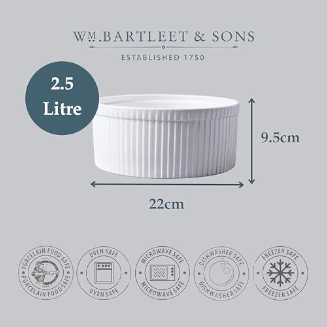 WM Bartleet & Sons 1750 T179 Traditional Porcelain Professional Soufflé Dish, 22cm Diameter, 2.5 LTR Capacity – White