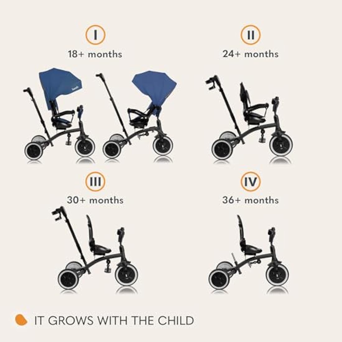 Lionelo Tris Plus 2in1 Kids' Tricycle Convertible Stroller Trike from 9 Months to 5 Years/25kg with Adjustable 360° Swivel Seat, Sun Canopy, Parent Control Handle Safety Features PU wheels Accessories