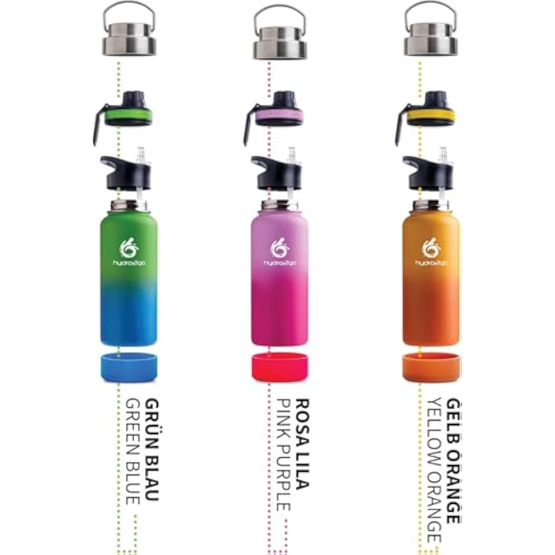 hydro2go Stainless Steel Water Bottle – BPA-Free Bottle for Kids, School, Sports & Outdoor – Keeps Drinks Hot for up to 12H and Cold for up to 24H – Includes 3 Drinking Caps – 950 ml (Sun)