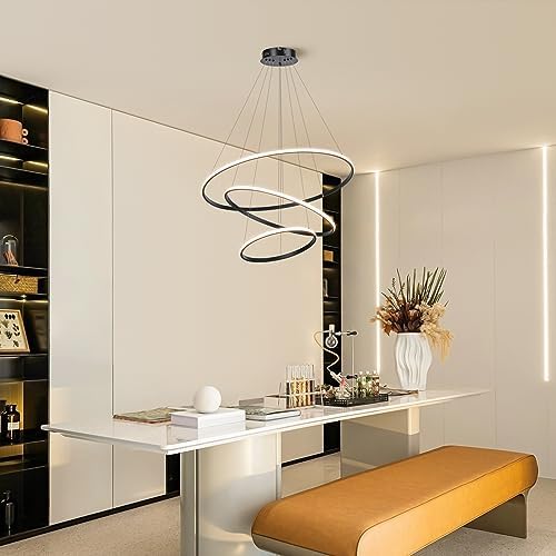 Led Pendant,Dimmable 3 Ring Acrylic Chandelier Lighting Fixture,Black Adjustable Chandeliers Ceiling Light for Kitchen Island Dining Room Living Room Bedroom Foyer Hanging 20+40+60Cm/(7.87+15.7+23.6)