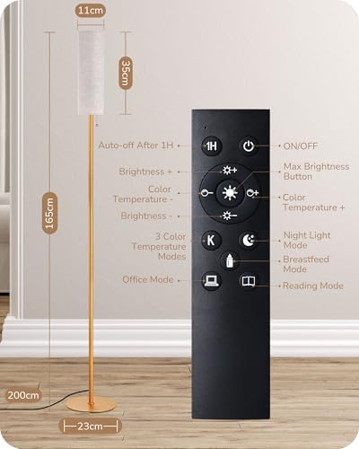 EDISHINE Floor Lamp, Standing Lamp with Rounded Linen Lampshade, Floor Lamps for Living Room, Bedroom, 165cm, E27 Socket(9W LED Dimmable Bulb Included), Magnetic Remote Control, Gold