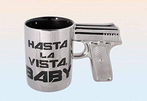 Coffee Mug with Pistol Grip Silver 320 ml with Black Lettering Hasta La Vista Baby