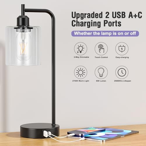 Aooshine Bedside Lamps Set of 2, Industrial Touch Lamps Bedside with USB C+A Charging Ports, Bedside Table Lamps for Bedroom, Black Bedside Lamps with Clear Glass Shade for Living Room(Bulbs Included)