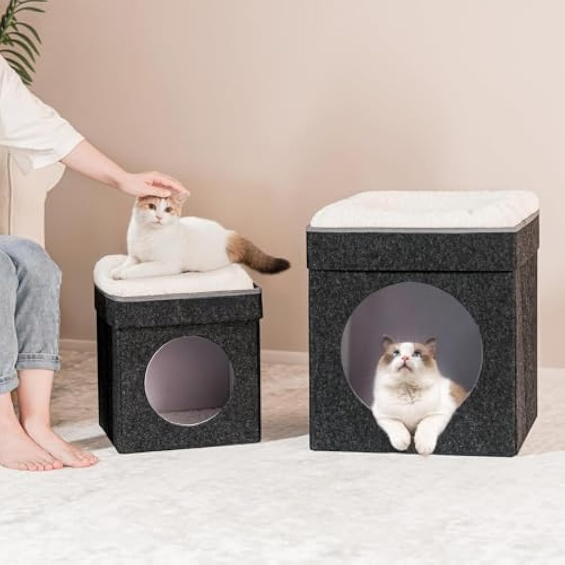 Bonlife Cat Beds for Indoor Cats,Foldable Large Felt Cat House for Winter with Two Move Cushion,Warm Comfortable Dog Bed,Dark Grey 45X45X50CM
