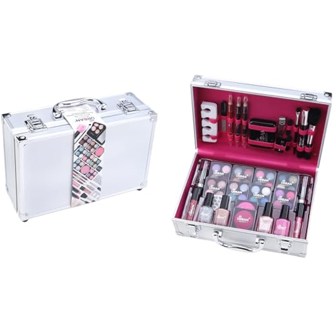 LOVE URBAN BEAUTY Dazzling Makeup Case – 60-Piece Vegan Makeup Set for Teenagers – Elegant Silver Box – Compact and Lightweight Design – Travel-Friendly Women’s Makeup Set